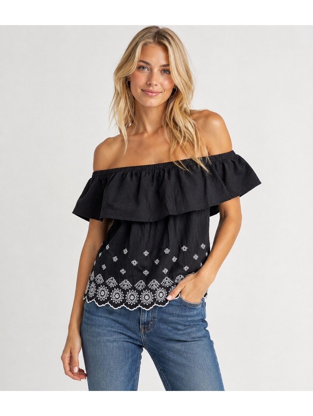 Old Navy Black Off Shoulder Ruffle Linen Blend Embroidered Peasant Top Medium